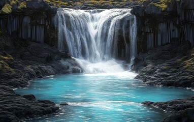 Fototapeta premium Grand Waterfalls Cascading Through Rocky Terrain, Turquoise Waters and Dramatic Cliffs in Stunning Natural Landscape