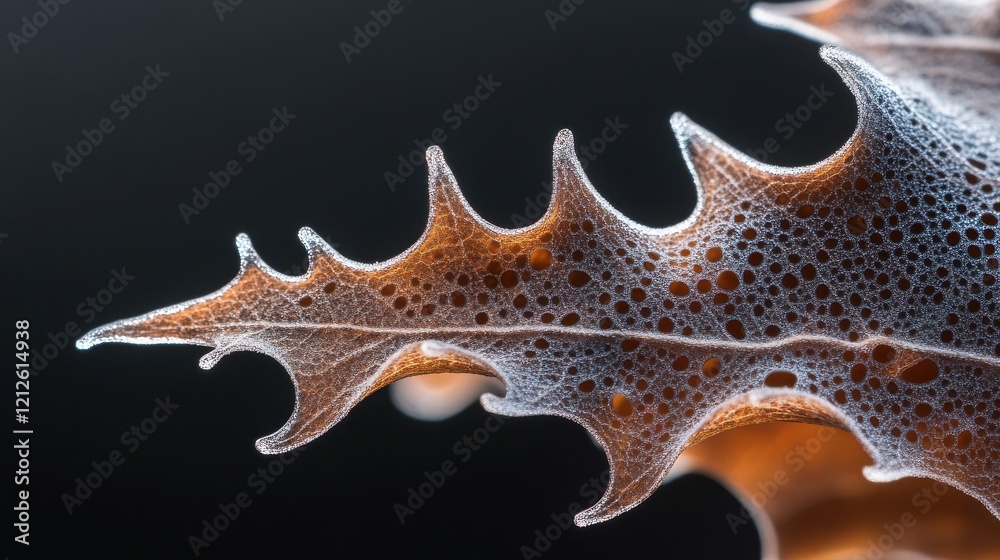 Poster A magnified detail of a maple leaf with frosty edges in the morning light