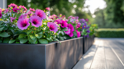 Rust-Colored Corten Steel Flower Pot with Pink Petunias, Colorful Floral Composition in a Stylish Garden Setting, Outdoor Greenery Decor, Modern Landscaping, Flowers in Outdoor Pot.