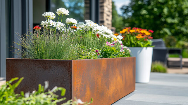 Rust-Colored Corten Steel Flower Pot with Mixed Summer Blooms, Colorful Floral Composition in a Stylish Garden Setting, Outdoor Greenery Decor, Modern Landscaping, Flowers in Outdoor Pot.
