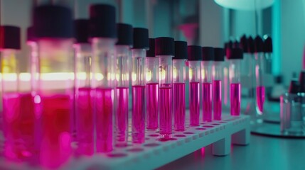 Fototapeta premium Pink liquid samples in test tubes laboratory rack