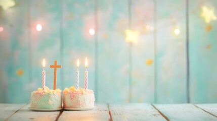 Two Birthday Cakes With Cross And Candles