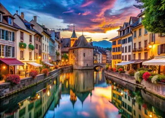 Obraz premium Annecy's enchanting twilight: canal charm, picturesque old town, French Alps. July 29, 2024.