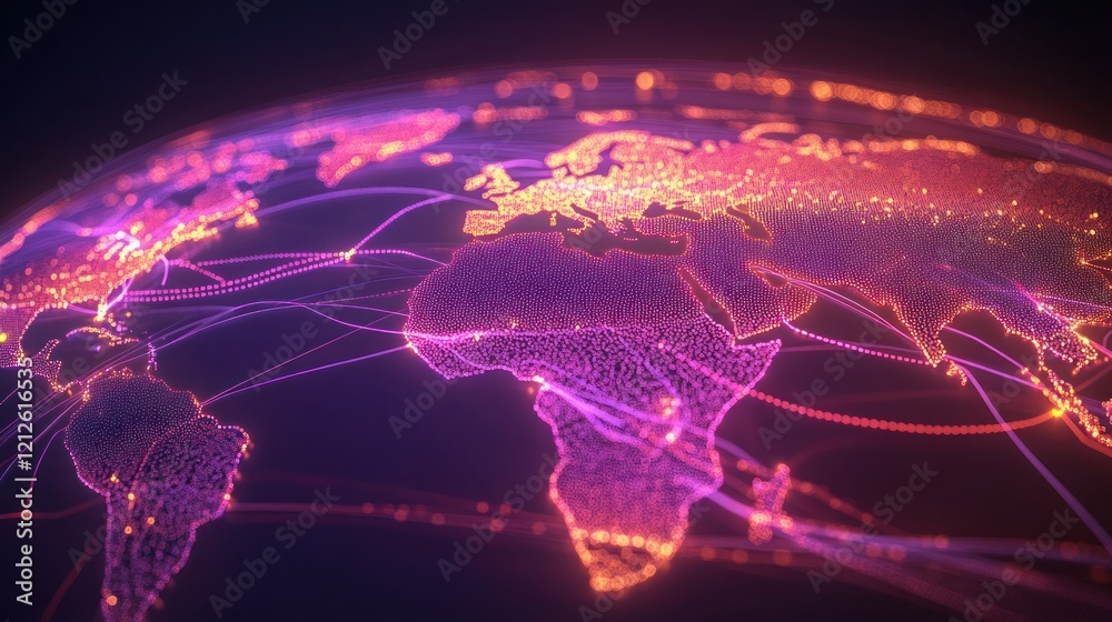 Poster global network connections illuminated world map