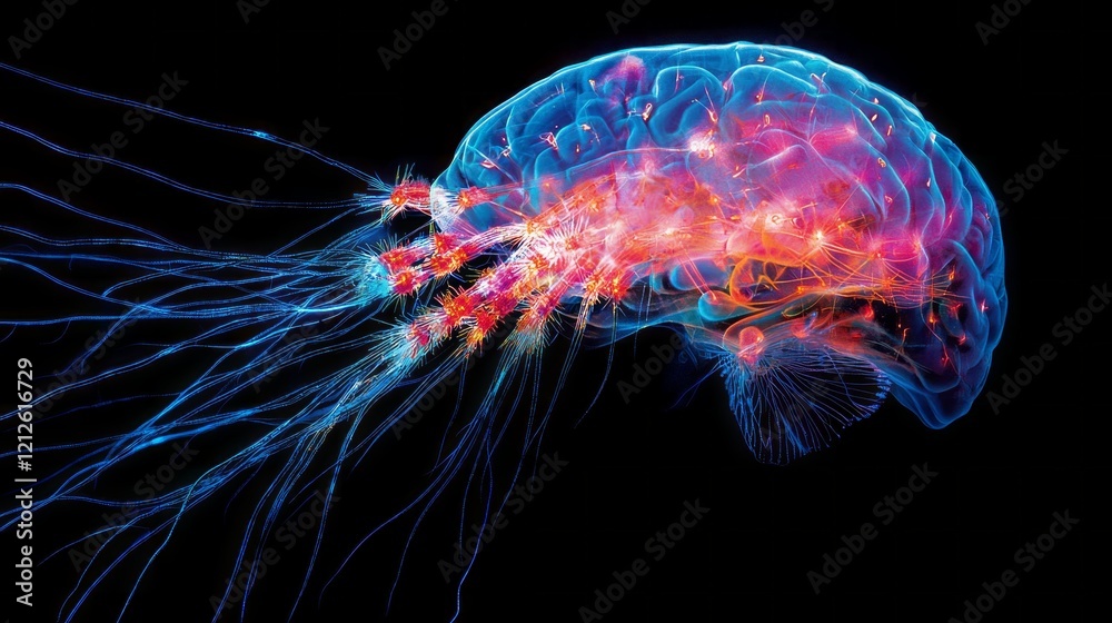 Fototapete Visualizing the complexity of neural connections, luminous pathways illuminate the interplay of activity within the human brain, showcasing its astonishing networks and functions