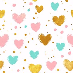 Pastel Pink, Gold and Mint Hearts and Dots, in Repeated Surface Seamless Pattern, Delicate Valentine’s Day Loopable Background Swatch.