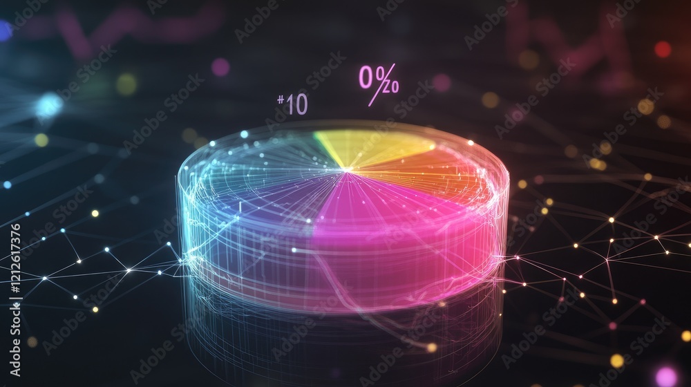 Poster a transparent d pie chart floating in space, with digital percentages hovering above each section, s