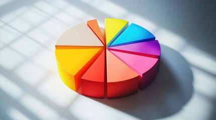 Obraz premium A vibrant D pie chart with segments of various heights and colors, casting shadows on a white surface, showing proportional data in a visually dynamic way.