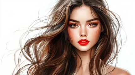 Fototapeta premium Young woman with flowing brown hair and bold red lips, striking beauty portrait on light background