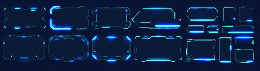 Futuristic tech game ui,gui,fui frames with glowing neon blue line on black background. User interfaces gaming overlays or sci fi visual hud elements. Vector illustration