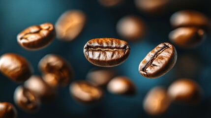 Fototapeta premium Roasted coffee beans falling, dark blue background, beverage advertising