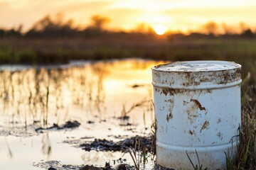 Obraz premium A white barrel sits in a field near a body of water, with the sun shining down
