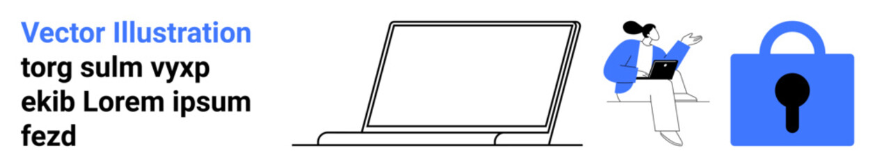 Minimalist laptop, person working on computer, and security lock highlights focus on cybersecurity, digital workspace, and online safety. Ideal for productivity tools, online education, remote work