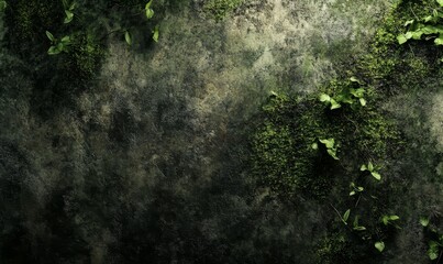 Fototapeta premium Rough stone wall with moss growth and a dark green tone, natural texture, aged appearance