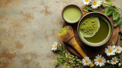 Overhead view of a cup of tea surrounded by fresh green leaves on a pale yellow background.