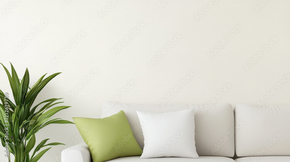 Poster Light toned wallpaper with geometric patterns complements cozy sofa and plant. serene atmosphere is created in this inviting space