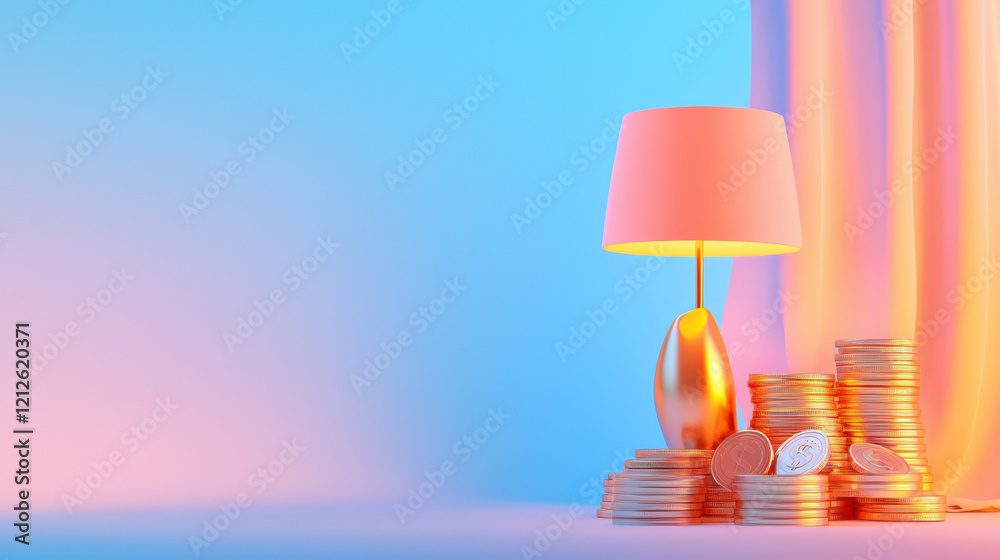 Poster stylish lamp beside stack of coins, symbolizing wealth and prosperity. soft gradient background enha