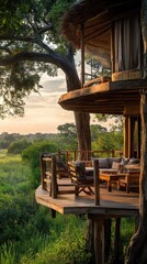 Naklejka premium Stunning overlook of opendeck tree lodge lush savannah landscape high-fidelity nature retreat tranquil environment serene viewpoint eco-friendly concept