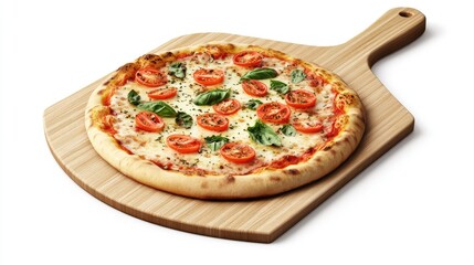A vibrant image of a traditional Margherita pizza with a perfectly crispy crust, fresh mozzarella, tomatoes, and basil, placed on a wooden pizza peel, highlighting classic Italian cuisine.