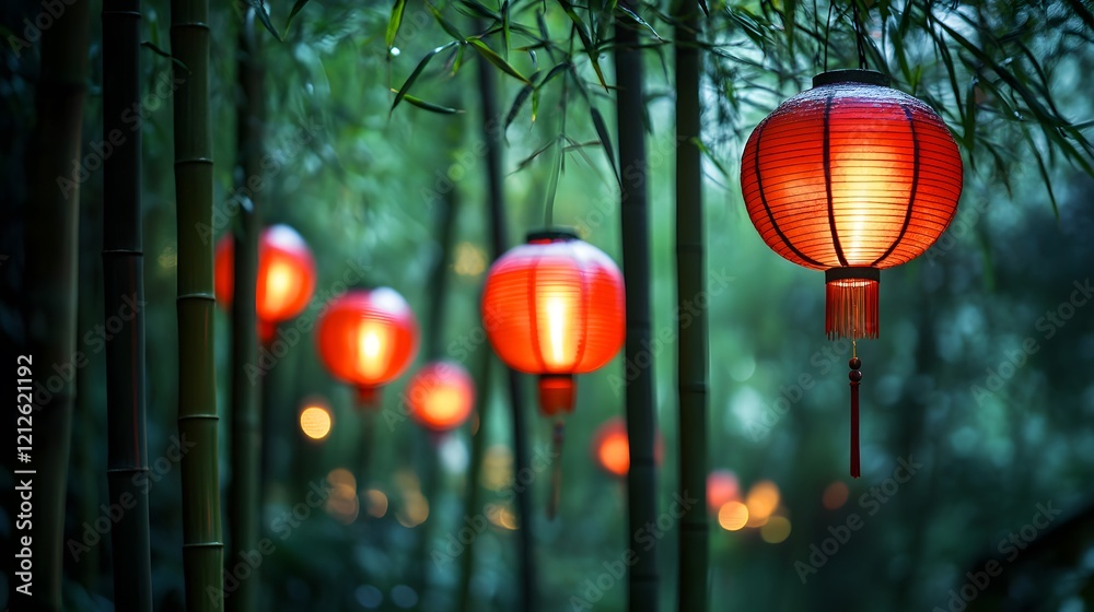 Poster serene view of vibrant red lanterns hanging amidst lush green bamboo forest creating a tranquil and 