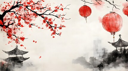 Obraz premium Beautiful Asian Style Artwork Featuring Cherry Blossom Trees, Lanterns, and Traditional Architecture in a Serene Landscape for Cultural and Seasonal Themes
