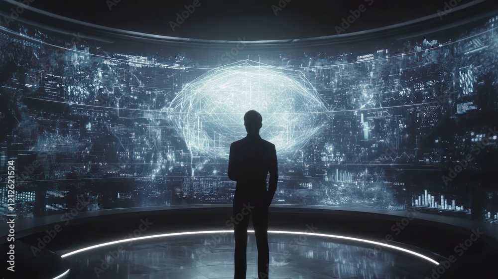 Poster Man Observing Global Data Network Visualization