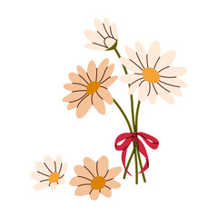 Bouquet of blooming daisies with a red bow. Wildflowers tied with a red ribbon. Mother’s Day , Valentine’s Day blooming flowers. Wallpaper, flyer, poster, sticker, banner, card, AD