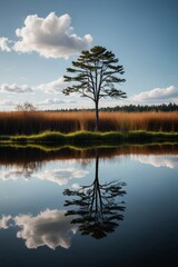 arafed tree in the middle of a lake with a sky background