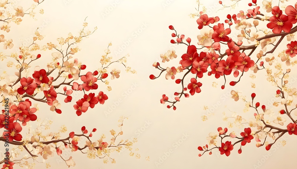 Poster beautiful abstract floral background featuring red and white blossoms on a soft cream backdrop, perf