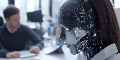 Fototapeta premium A pair of people collaborating with an artificial intelligence device, highlighting the intersection of human creativity and technological innovation