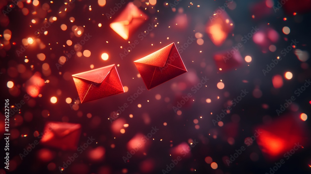 Poster Enchanting Red Envelopes Floating in a Dreamy Background with Sparkling Bokeh Lights, Perfect Symbol of Love and Communication for Various Occasions