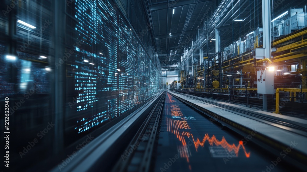 Poster Futuristic Factory Data Stream Visualization on Conveyor Belt