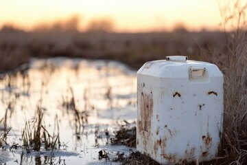A white container sits in the middle of a field, surrounded by green grass and blue sky