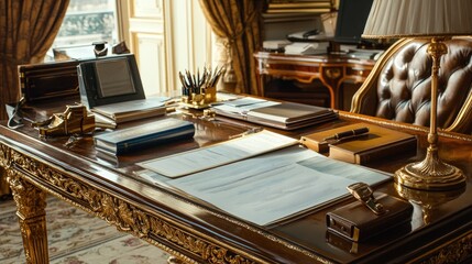 Ornate Desk Displays Important Documents And Luxurious Items