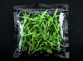 Vector top view of fresh arugula salad in a transparent polyethylene plastic bag package on a black background, real photo. 