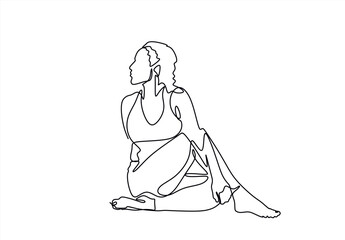 Continuous line drawing of a woman in a yoga pose, representing relaxation and fitness. Vector art focused on health and meditation, isolated on a white background.