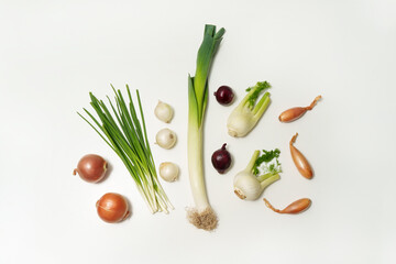 Different types of onions on a white background. Vegetables. Rapchata, green onion. Shallot. Variety.