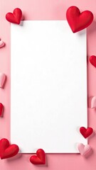 Empty white sheet of paper and hearts on a pink background. Mockup, frame for text. Vertical image