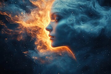 ethereal spirit entity formed from swirling cosmic smoke and stardust, celestial face emerging from nebulous darkness