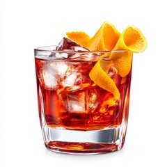 An elegant Negroni with orange twist and ice, presented against an isolated white background, realism art style
