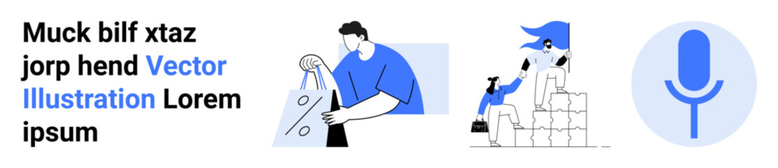 Man carrying shopping bags, two people constructing a pile of boxes, blue microphone circle icon. Ideal for e-commerce, teamwork, storage solutions, collaborative project planning, digital media