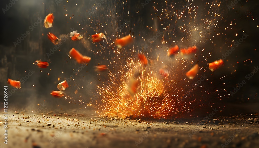 Poster dynamic explosion of colorful fragments with sparks and dust in an industrial environment capturing 