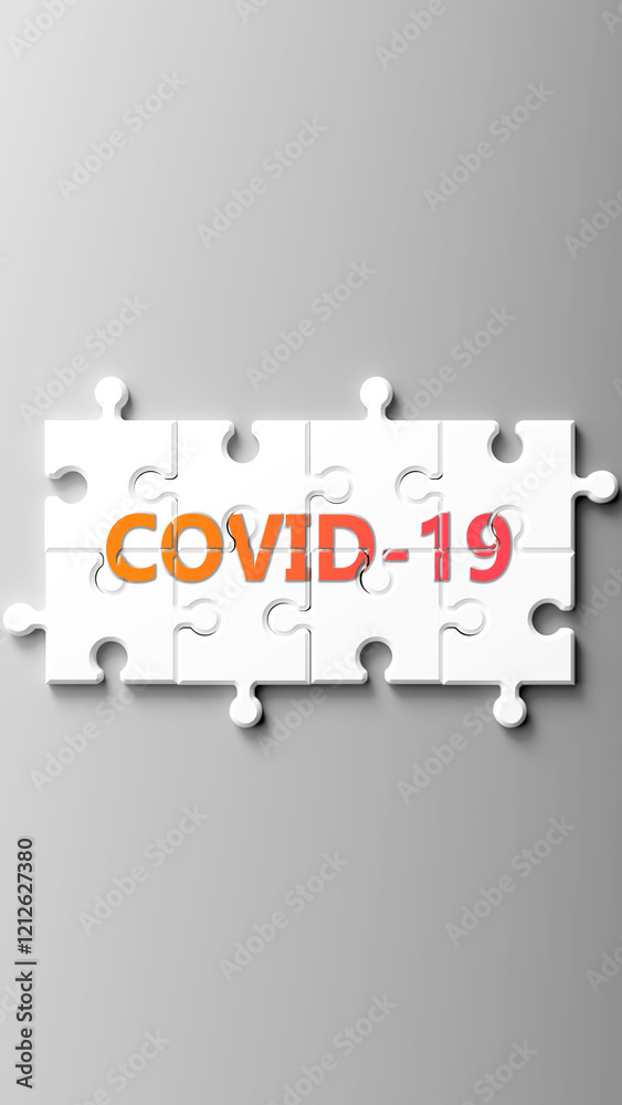 Poster covid-19 complex like a puzzle - pictured as word covid-19 on a puzzle pieces to show that covid-19 