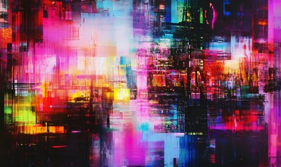 Fototapeta premium Urban Pulse - Vibrant Motion Blur with Colorful Glitch Effects Capturing City Life's Energy and Movement