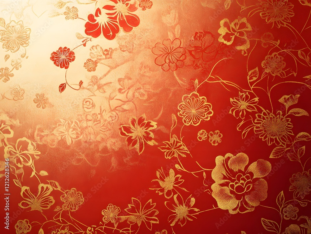 Poster Elegant Red and Gold Floral Background with Delicate Flower Patterns and Textured Finish Designed for Luxurious and Artistic Projects