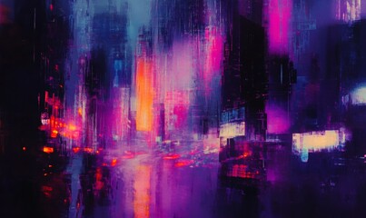 Fototapeta premium Urban Pulse - Vibrant Motion Blur with Colorful Glitch Effects Capturing City Life's Energy and Movement