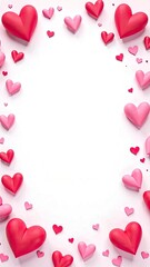 Empty white sheet of paper and hearts on a pink background, mockup, frame for text, vertical image.