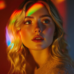 Fototapeta premium Beautiful Blonde Woman with Colorful Light Reflecting