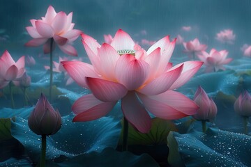 ethereal water garden at dawn, giant lotus flowers emerging from misty waters, dewdrops glistening...