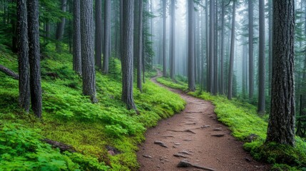 Fototapeta premium Misty Forest Trail Winding Through Lush Green Undergrowth